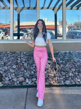 Pink Gingham Flared Pants